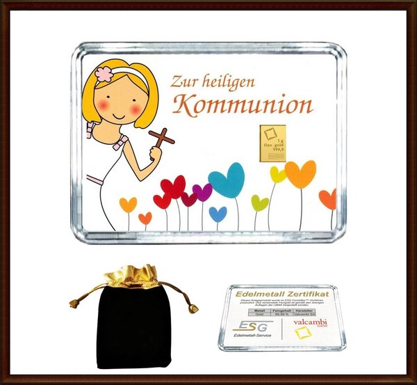 1g Gold in Motiv-Box, "Zur Kommunion Mädchen"