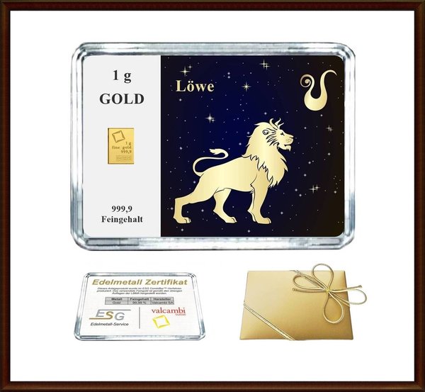 1g Gold in Motiv-Box, "Sternzeichen Löwe"