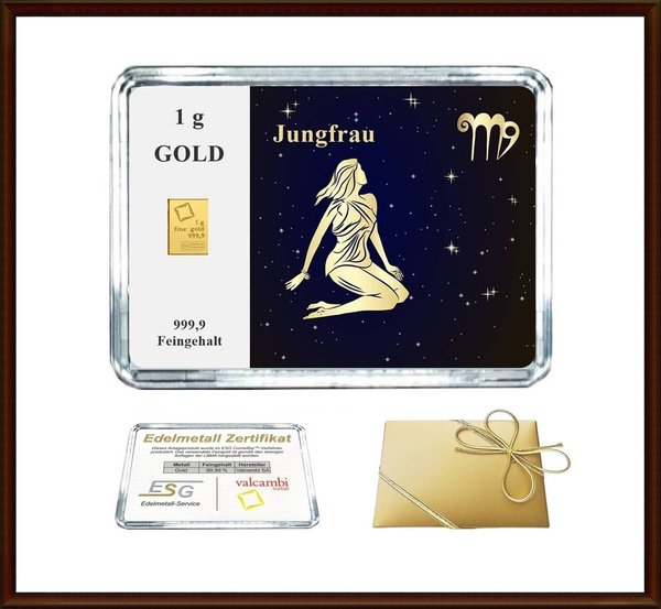 1g Gold in Motiv-Box, "Sternzeichen Jungfrau"