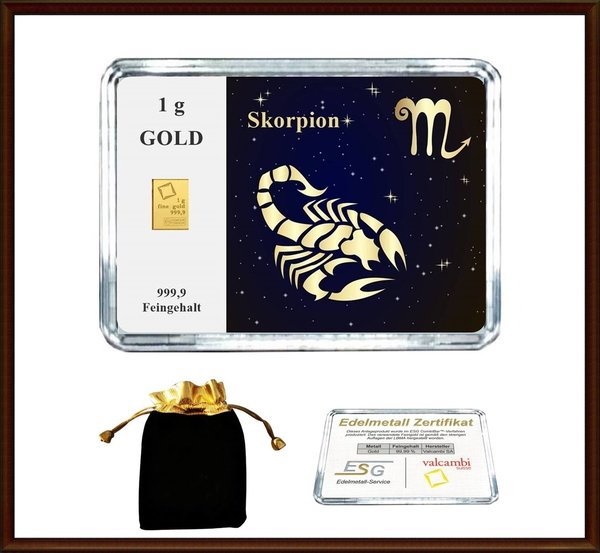 1g Gold in Motivbox, "Sternzeichen Skorpion"