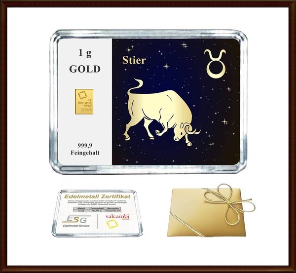 1g Gold in Motiv-Box, "Sternzeichen Stier"