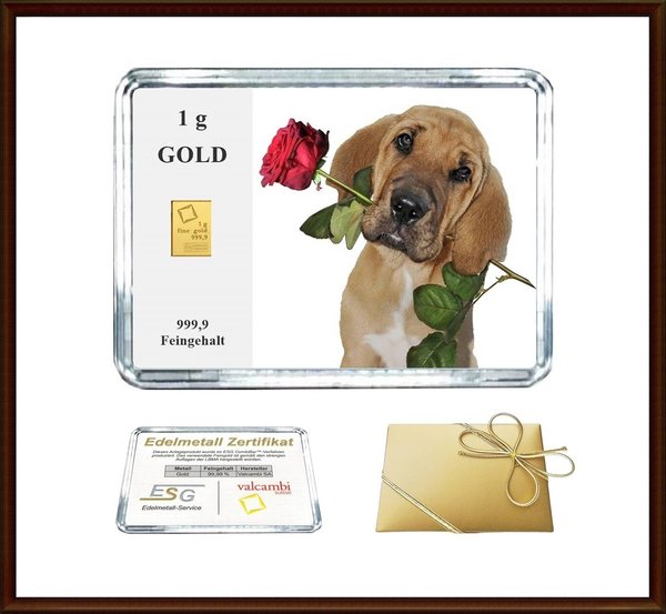 1g Gold in Motiv-Box, "Hund mit Rose"