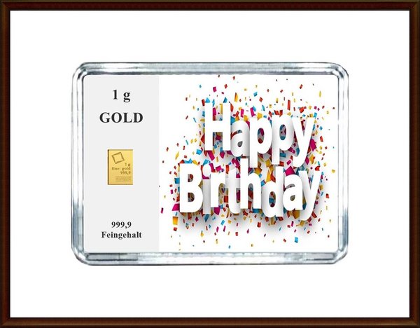 1g Gold in Motiv-Box "Happy Birthday (Konfetti)"