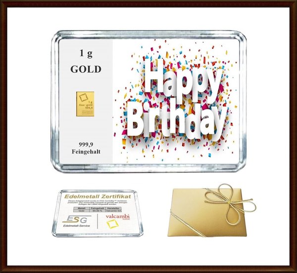 1g Gold in Motiv-Box "Happy Birthday (Konfetti)"