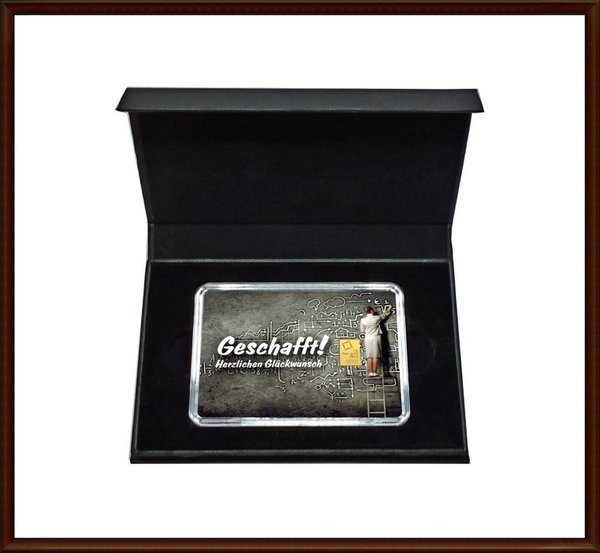 1g Gold in Motiv-Box "Geschafft" (Klassik)
