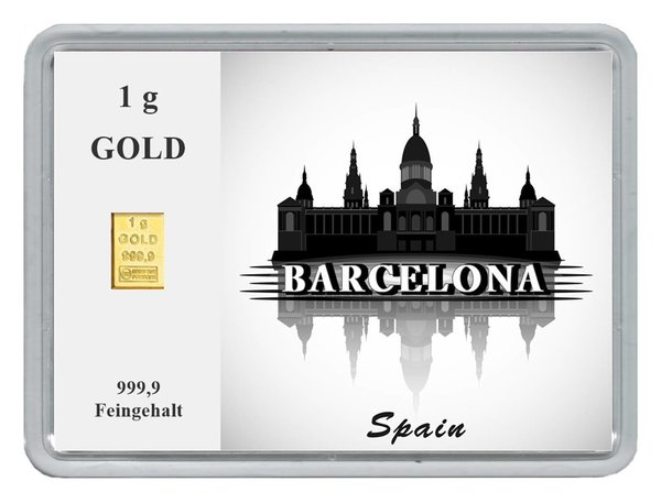 1g Goldbarren in Motivbox "Städte der Welt-Barcelona"