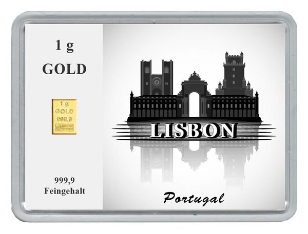 1g Goldbarren in Motivbox "Städte der Welt-Lisbon"