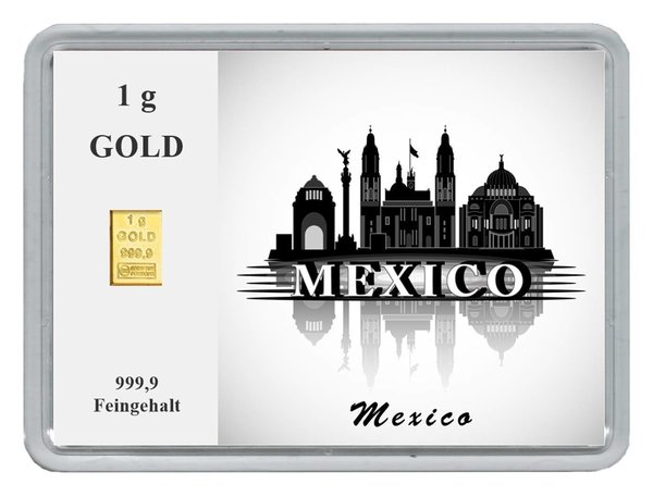 1g Goldbarren in Motivbox "Städte der Welt-Mexico"