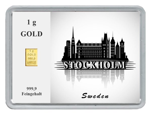 1g Goldbarren in Motivbox "Städte der Welt-Stockholm"