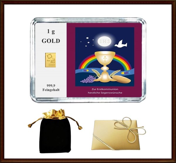 1g Gold in Motiv-Box "Zur Erstkommunion (rot)"