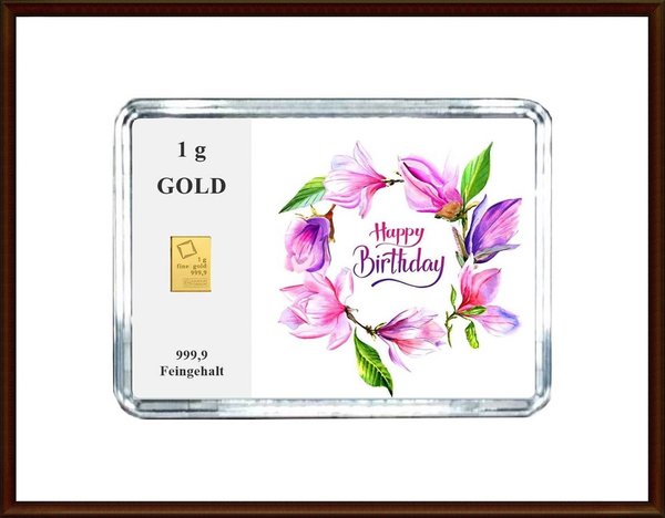 1g Gold in Motiv-Box "Happy Birthday (Blumen)"