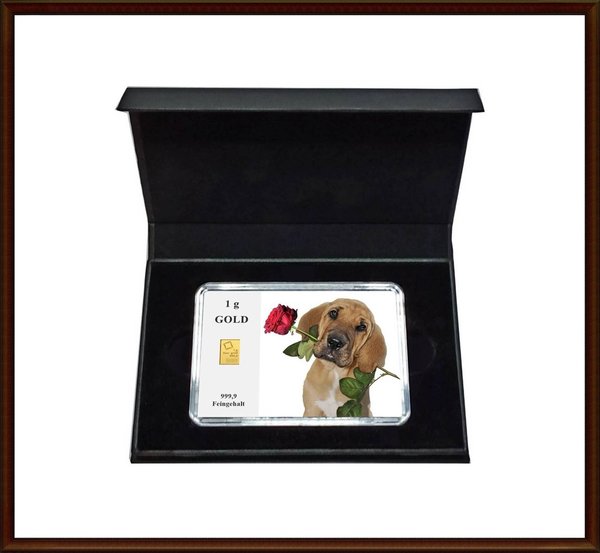 1g Gold in Geschenk-Box "Hund mit Rose"