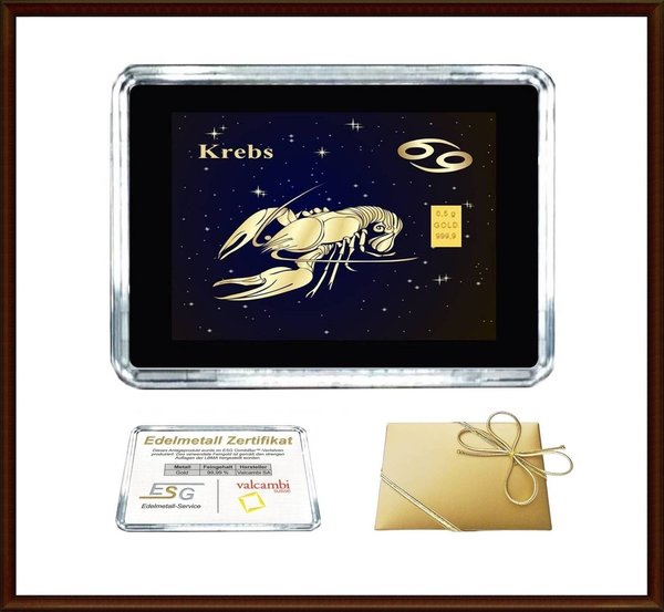 0,5g Gold in Motiv-Box, "Sternzeichen Krebs"