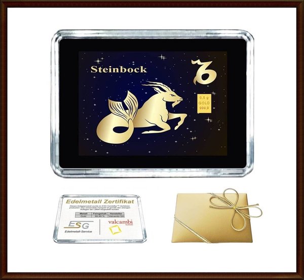 0,5g Gold in Motiv-Box, "Sternzeichen Steinbock"