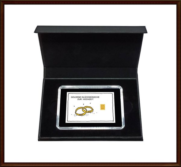 0,5g Gold in Motiv-Box, "Zur Hochzeit" (Ringe)