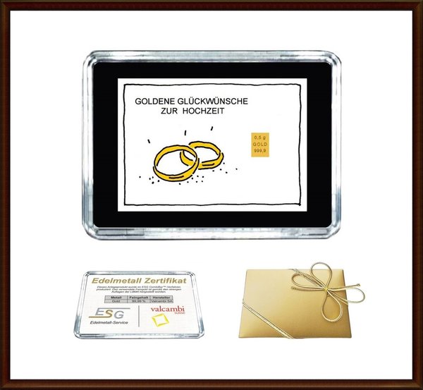 0,5g Gold in Motiv-Box, "Zur Hochzeit" (Ringe)