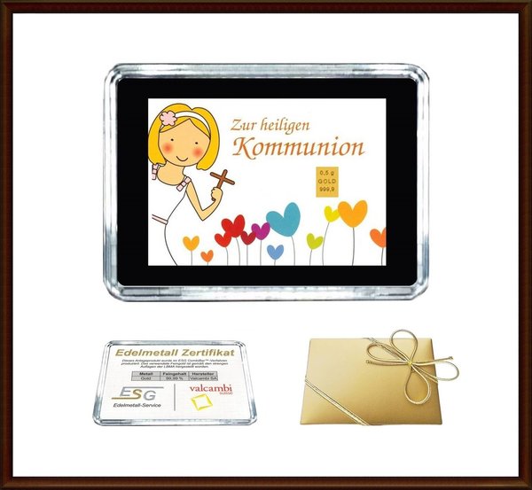 0,5g Gold in Motiv-Box, "Zur Kommunion Mädchen"